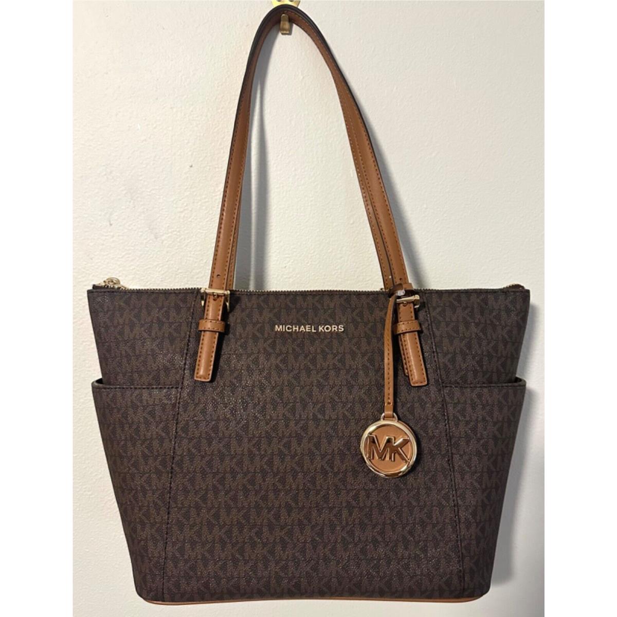Michael Kors Jet Set East West Medium Top Zip MK Signature Logo Leather Tote Brown/mk