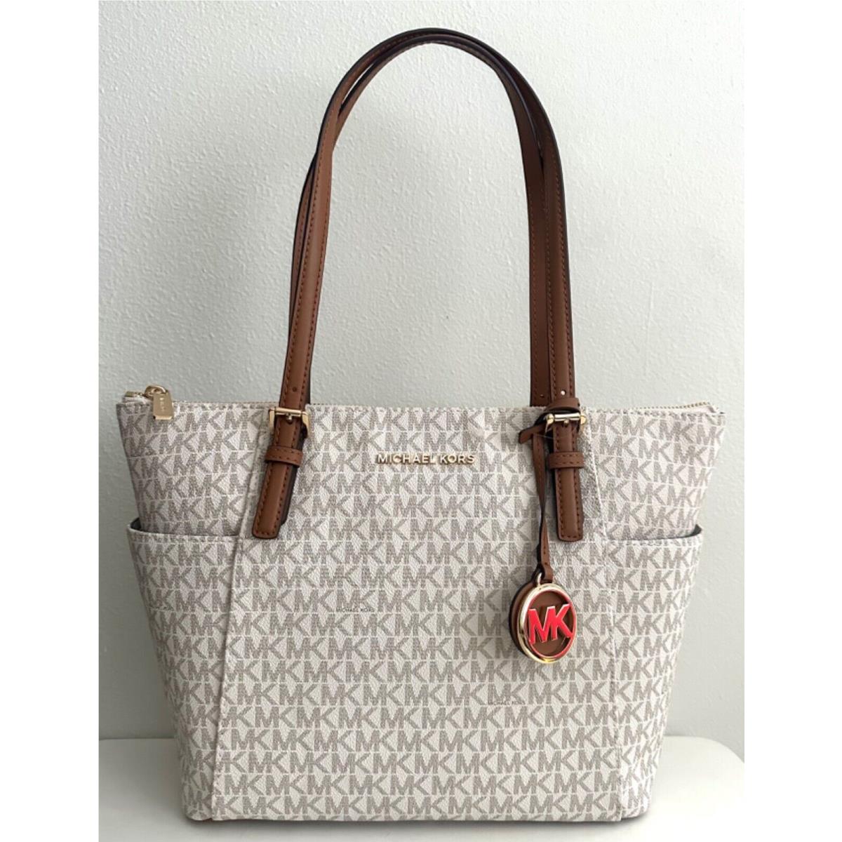 Michael Kors Jet Set East West Medium Top Zip MK Signature Logo Leather Tote Vanilla mk/gold