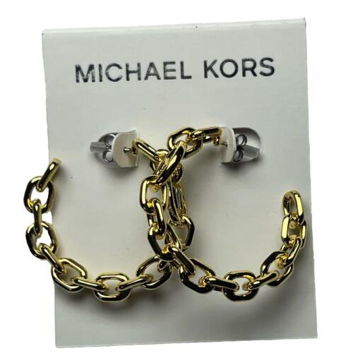 Michael Kors Gold Tone Chain Link Hoop Earrings Polished Plated Brass Post Logo