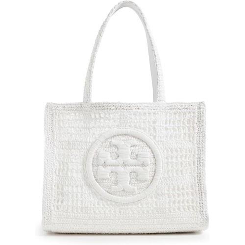 Tory Burch Hb Ella Women Small Tote Straw Hand-crocheted Leather Trim White