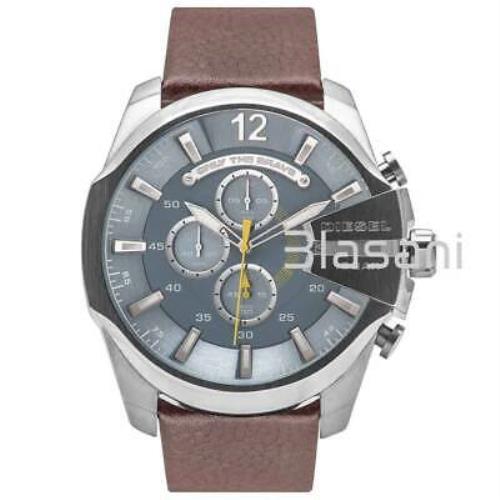 Diesel DZ4281 Mega Chief Men`s Silver Brown Leather Strap Watch 51mm