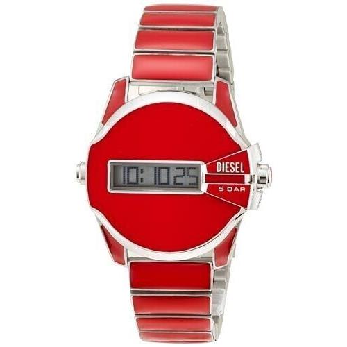 Diesel DZ2192 Baby Cheif Digital Dial Silver Steel Braclet Band Mens Watch - Dial: Red, Band: Red, Bezel: Silver
