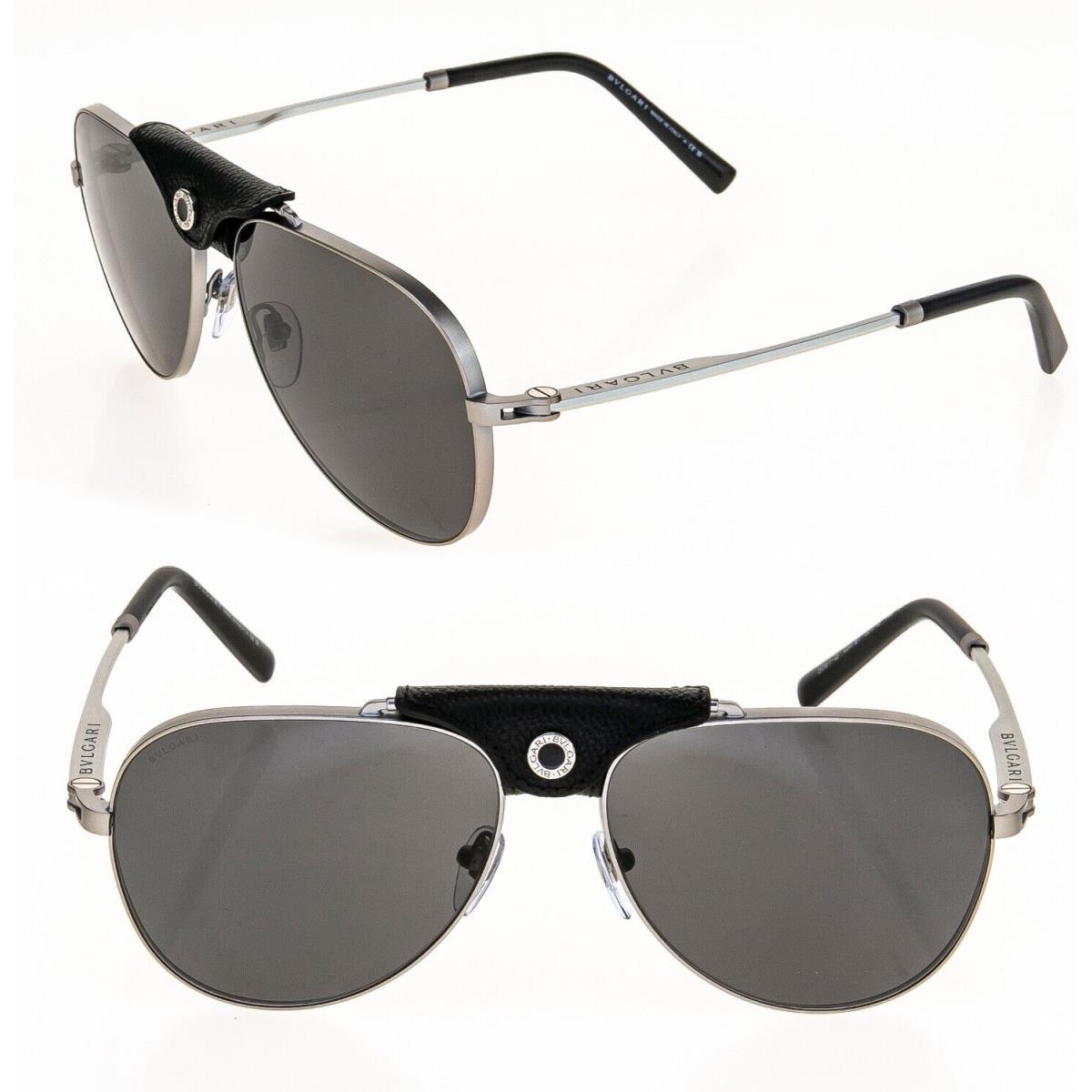 Bvlgari BV5061Q Matte Silver Black Leather Metal Pilot Unisex Sunglasses 5061