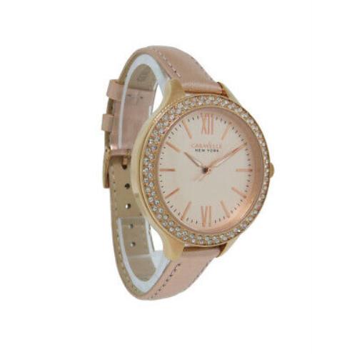 Caravelle New York 44L132 Women`s Analog Round Rose Gold Tone Crystal Watch - Dial: Black, Band: Rose Gold, Bezel: Rose Gold