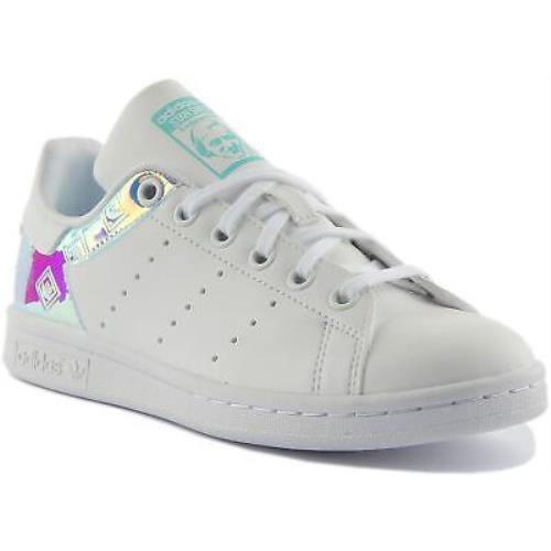 Adidas Stan Smith J Youths Lace Up Shiny Sneaker In White Size US 3 - 6 - WHITE MULTI