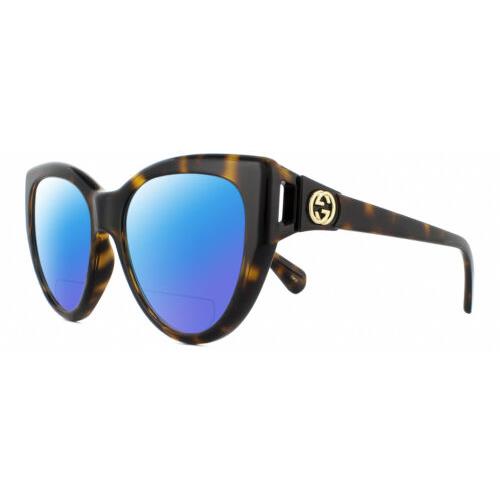 Gucci GG0877S-002 Cat Eye Polarized Bifocal Sunglasses Brown Havana 56 mm 41 Opt Blue Mirror