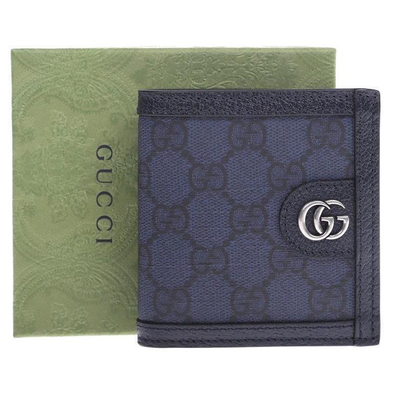 Gucci Ophidia GG Blue Dark Blue Canvas Leather Bifold Wallet W/box
