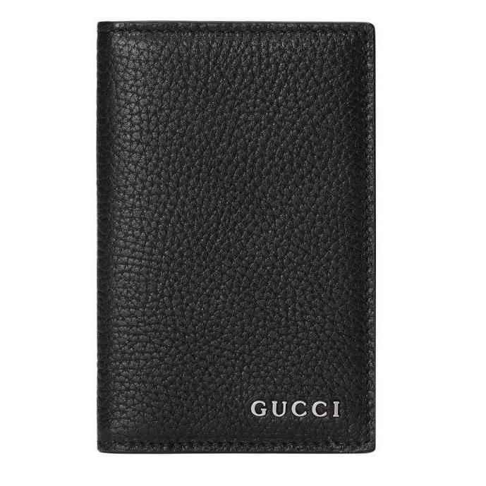 NW Gucci Black Leather Logo Script Long Folding Card Case Wallet W/box