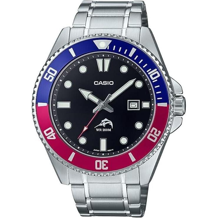 Casio MDV106DD-1A2V Mens Duro 200M All Metal w Date Analog Sport Dive Watch - Dial: Black, Band: Silver, Bezel: Blue & Red