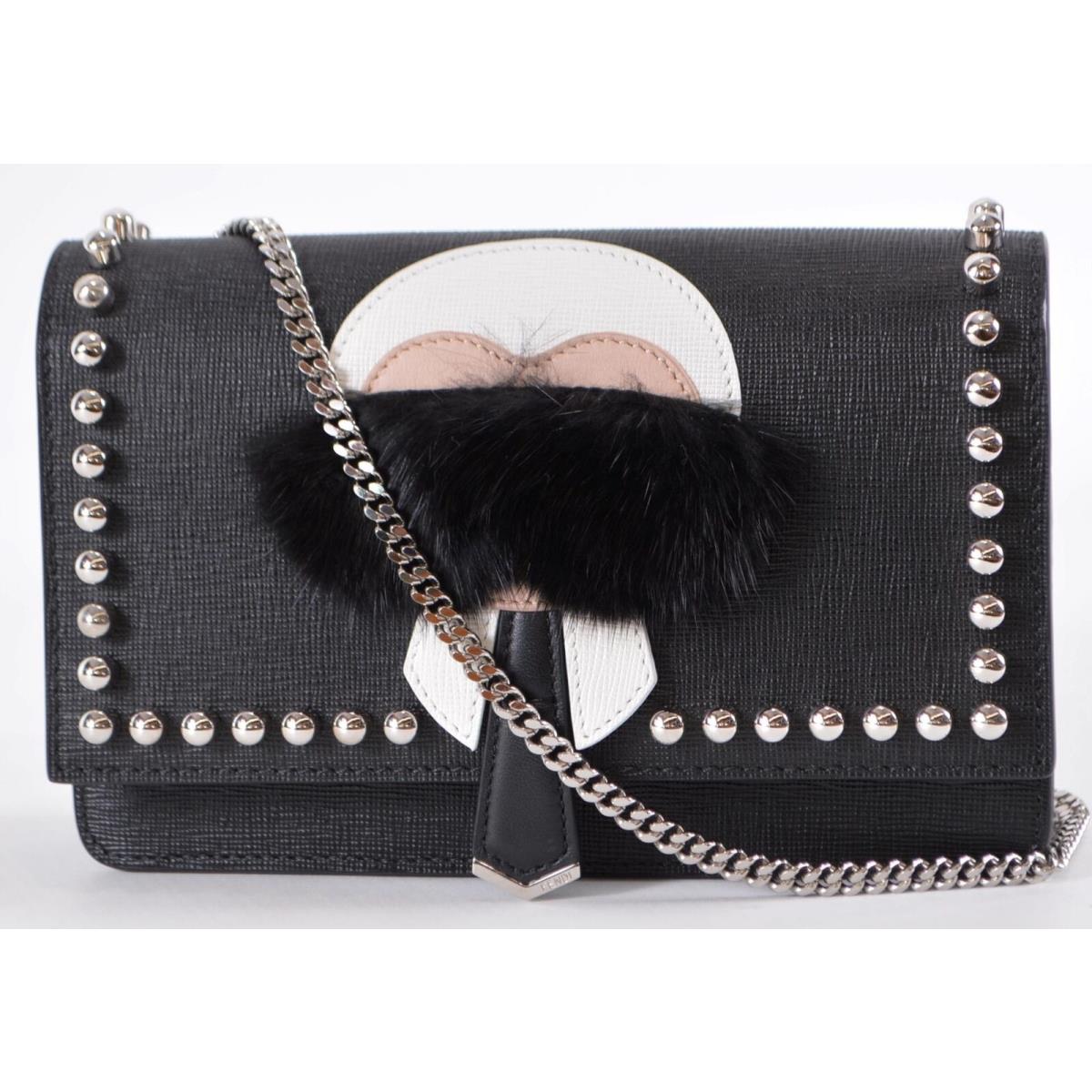 Fendi Karlito Saffiano Leather Mustache Wallet on Chain Crossbody Purse Bag