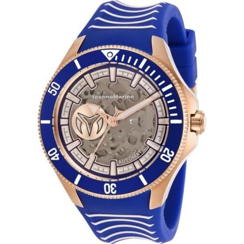 Technomarine Cruise Shark Automatic Men`s 47mm Rose Gold Blue Watch TM-118024 - Dial: Blue, Clear, Gray, Rose Gold, Band: Blue, Bezel: Blue, White