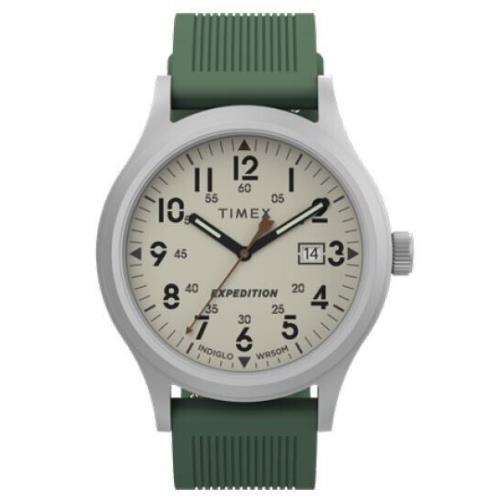 Timex 40mm Cream Dial Expedition Green Rubber Band Indiglo Men`s Watch TW4B30100