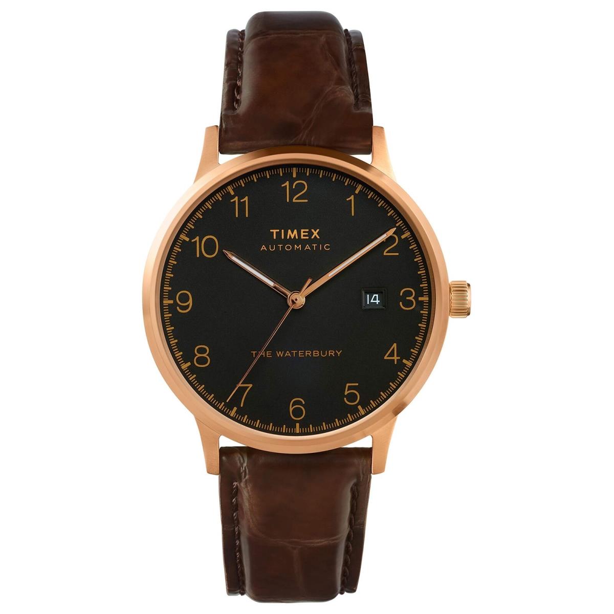 Timex Waterbury Automatic 40mm Rose Gold-tone Case Black Dial Brown Croco Strap