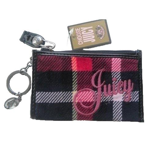 Juicy Couture Plaid Leather Zip Coin Purse + Key Ring Red Black