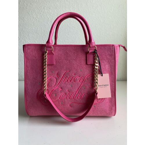 Juicy Couture Beach Tote Pink Flash Terrycloth Embroidered Logo Bag Purse