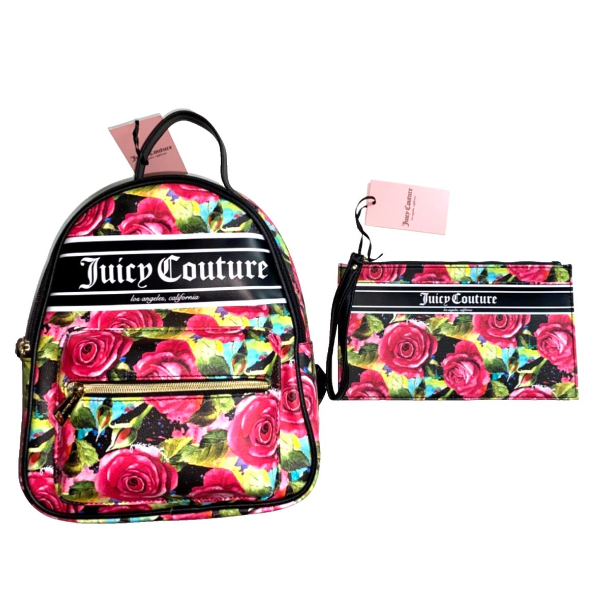 Juicy Couture Small Backpack Wristlet Set Black Multi Rose Floral