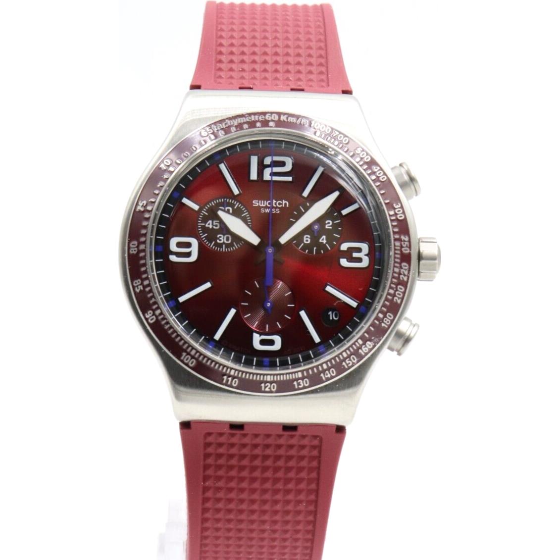 Swiss Swatch Irony Chrono Wine Grid Silicone Men Date Watch 44mm YVS464 - Dial: Red, Band: Red, Bezel: Red