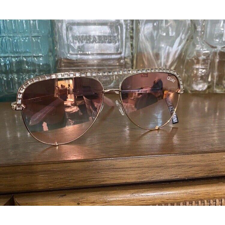 Quay Australia High Key Mini Bling Aviator Sunglasses Rose Copper Fade Mirror