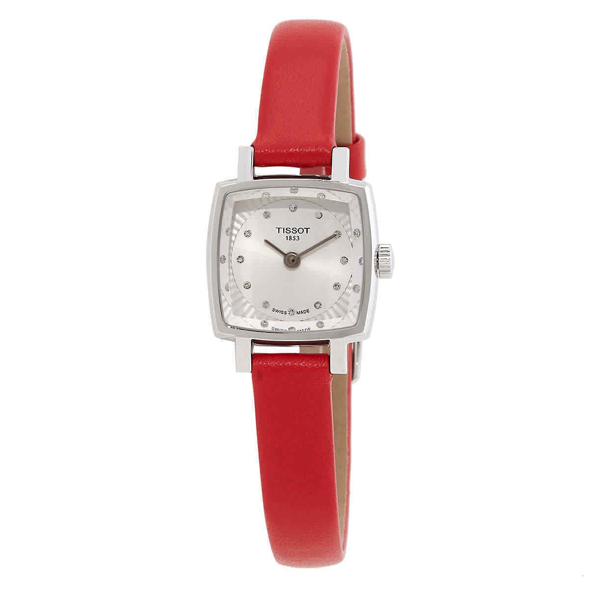 Tissot Lovely Square Valentines Quartz Diamond Silver Dial Ladies Watch - Dial: Silver, Band: Red, Bezel: Silver-tone