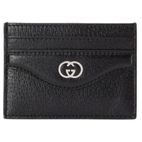 Gucci Black Leather Interlocking Palladium Logo Card Case Wallet W/box
