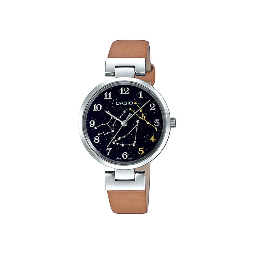 Casio LTP-E11L-5A1 Women`s Leather Band Black Taurus Zodiac Motif Dial Watch - Dial: Black, Band: Brown