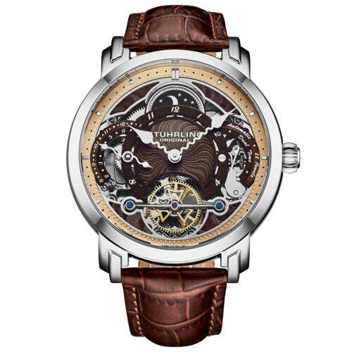 Stuhrling 1017 02 Automatic Celestial Timekeeper Dual Time Brown Mens Watch