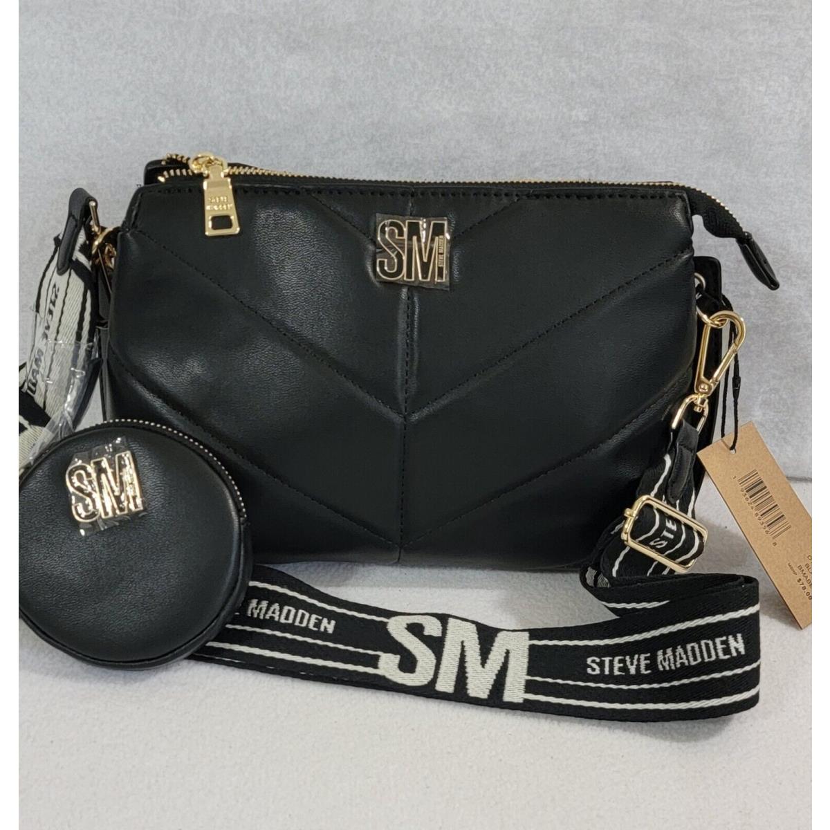 Steve Madden Womens Black Bmabel Quilted Leather Crossbody Bag Coin Purse