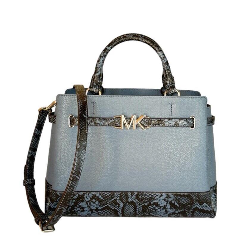 Michael Kors Reed Large Center Zip Belted Satchel Shoulder Bag Exotic Denim