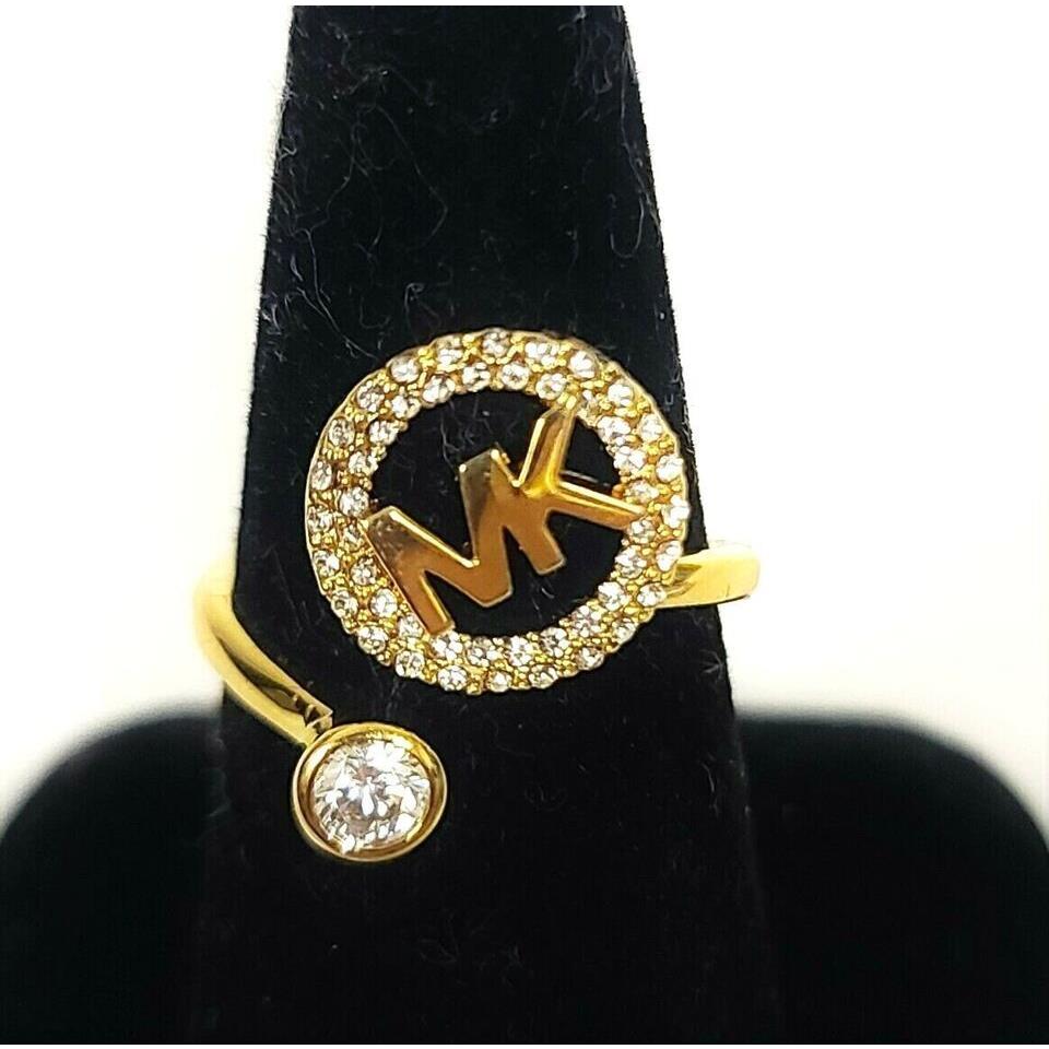 Michael Kors Gold Tone Monogram `mk` Logo Crystals Open Ring MKJ7328 -7 8