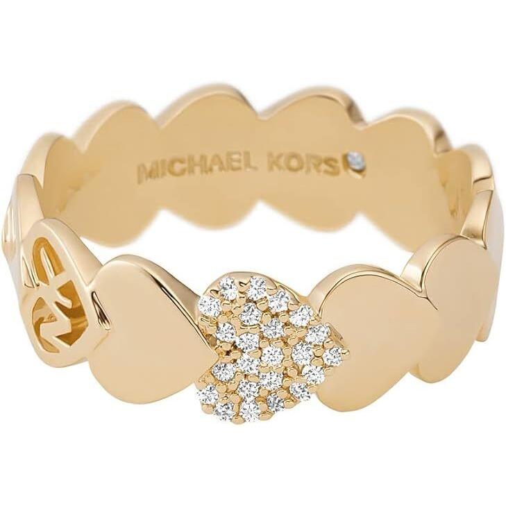 Michael Kors Gold Tone Heart Shape Crystals Logo Brass Ring Band - MKJ7985