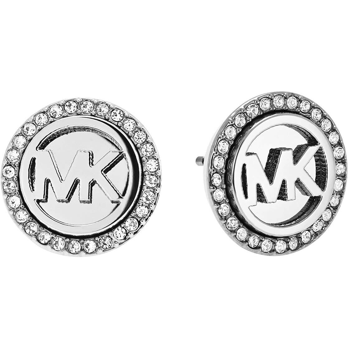 Michael Kors Silver Tone Crystal Monogram Pave Stud Round Earrings MKJ4516