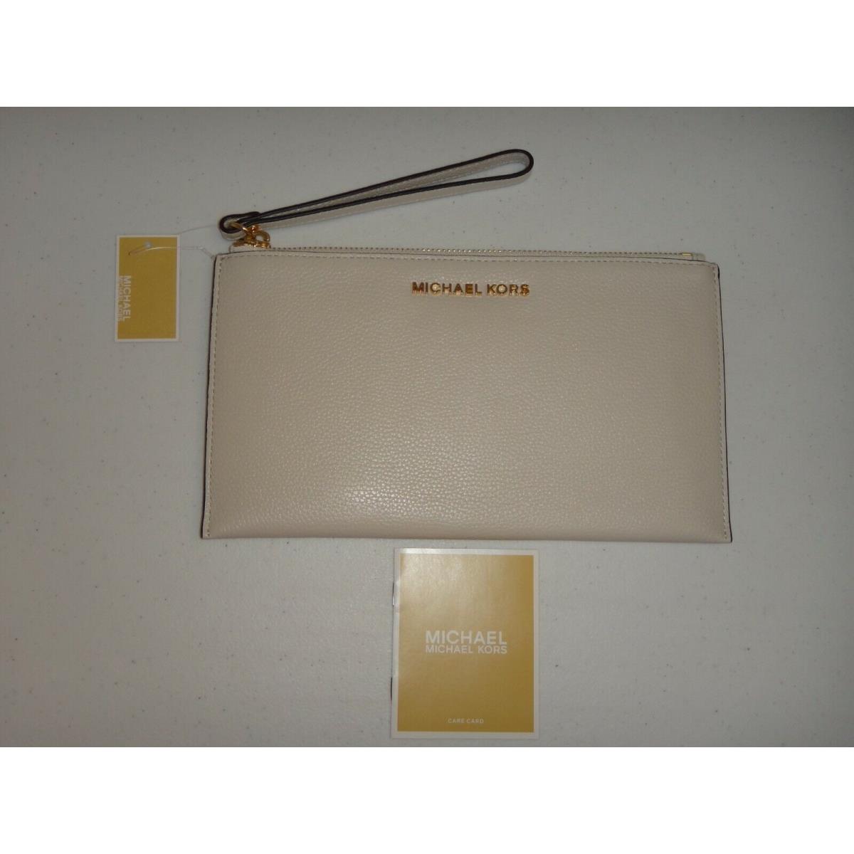 Michael Kors MK Jet Set LG Zip Clutch Wristlet Wallet White Vanilla Leather Gold