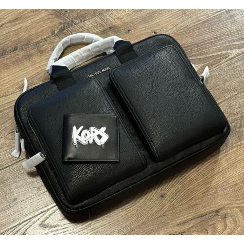 Michael Kors Cooper Leather Briefcase Laptop Bag + Wallet Set In Black