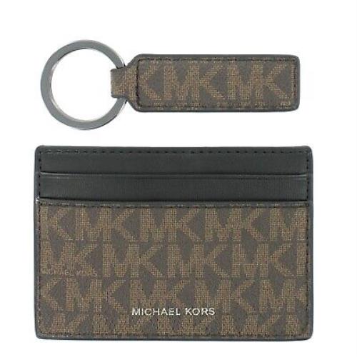 Michael Kors Mens Logo Graphic Slim Card Case Keychain Wallet Gift Set Brown