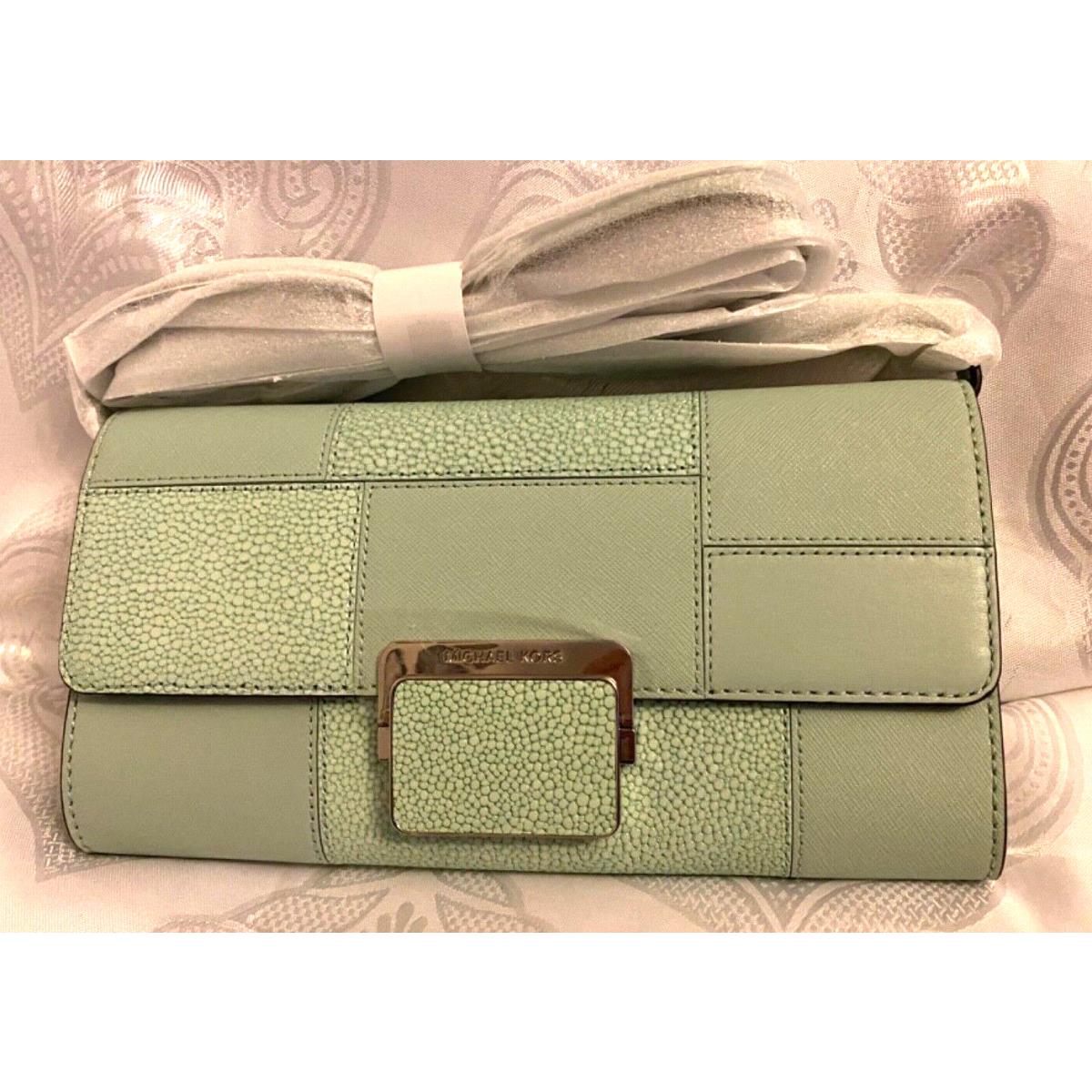 Michael Kors Cynthia Celadon LG Clutch Leather Handbag