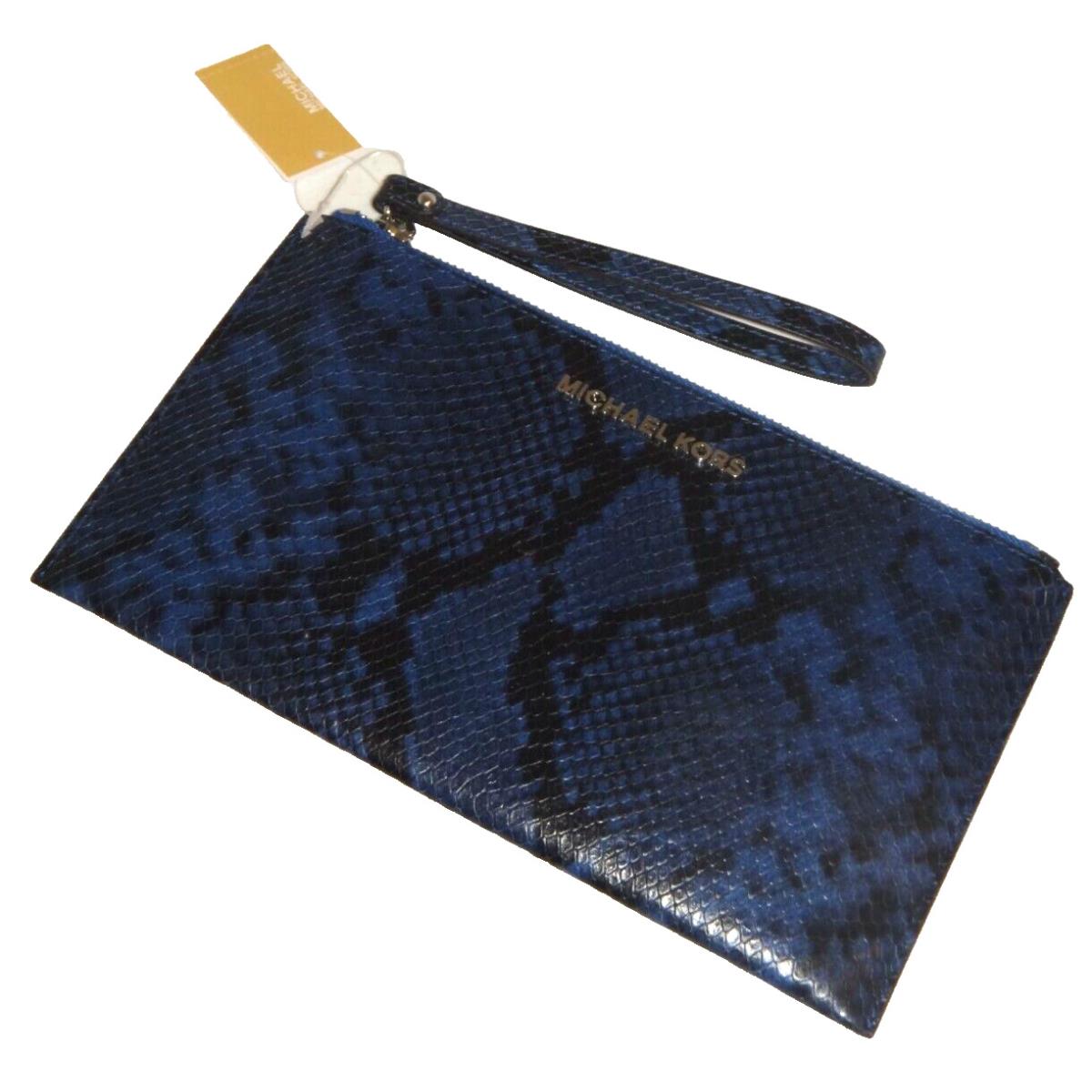 Michael Kors Women Jet Set MK LG Clutch Wristlet Wallet Blue Snake Skin Embossed