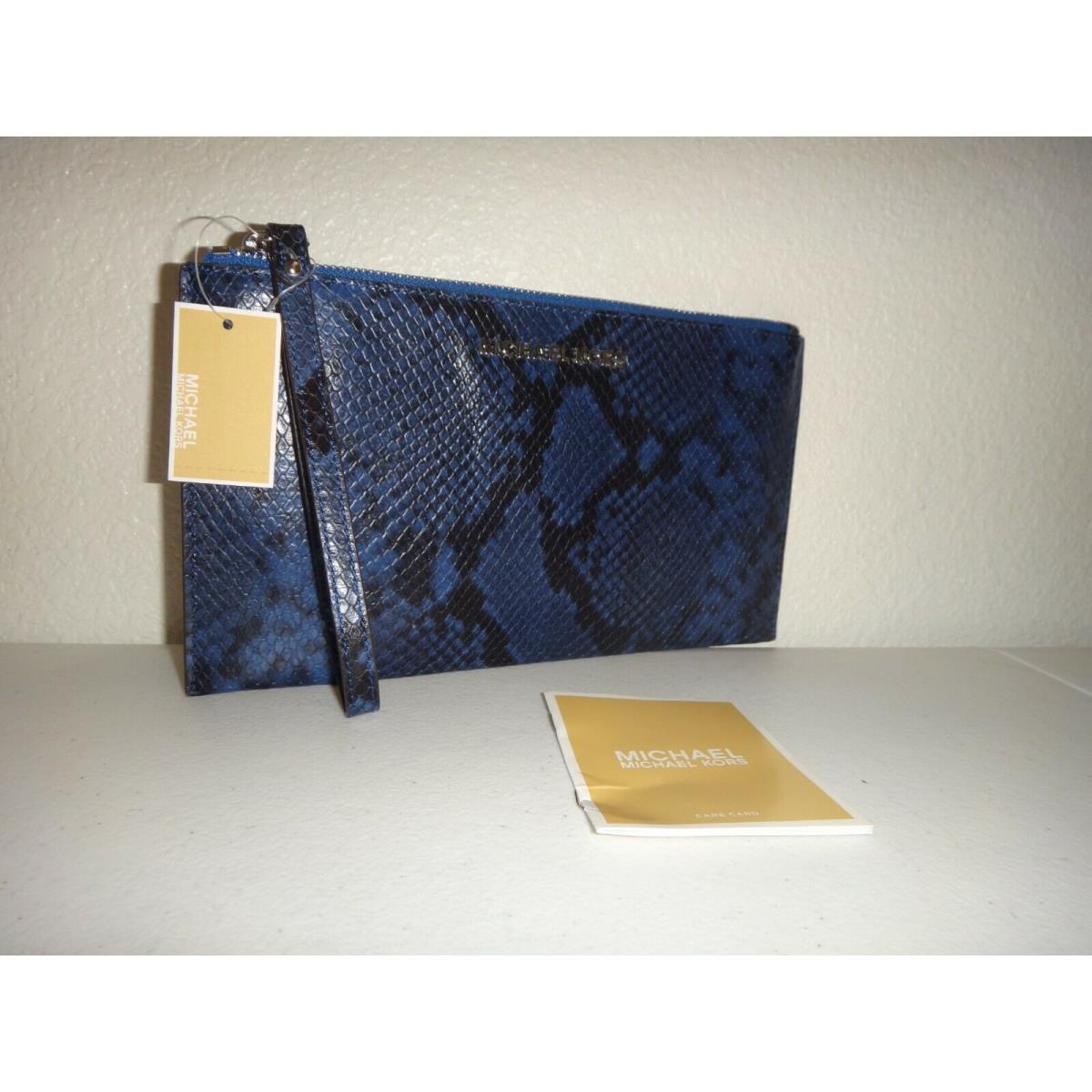 Michael Kors Women Jet Set MK LG Clutch Wristlet Wallet Blue Snake Skin Embossed