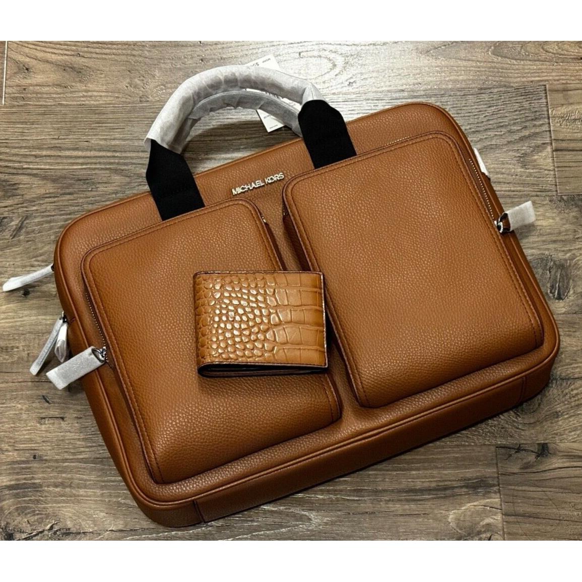 Michael Kors Cooper Leather Briefcase Laptop Bag + Wallet Set In Luggage Brown