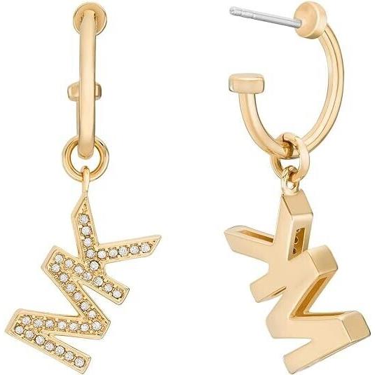 Michael Kors Gold Tone MK Crystals Logo Open Hoop Earrings MKJ8008 + Box