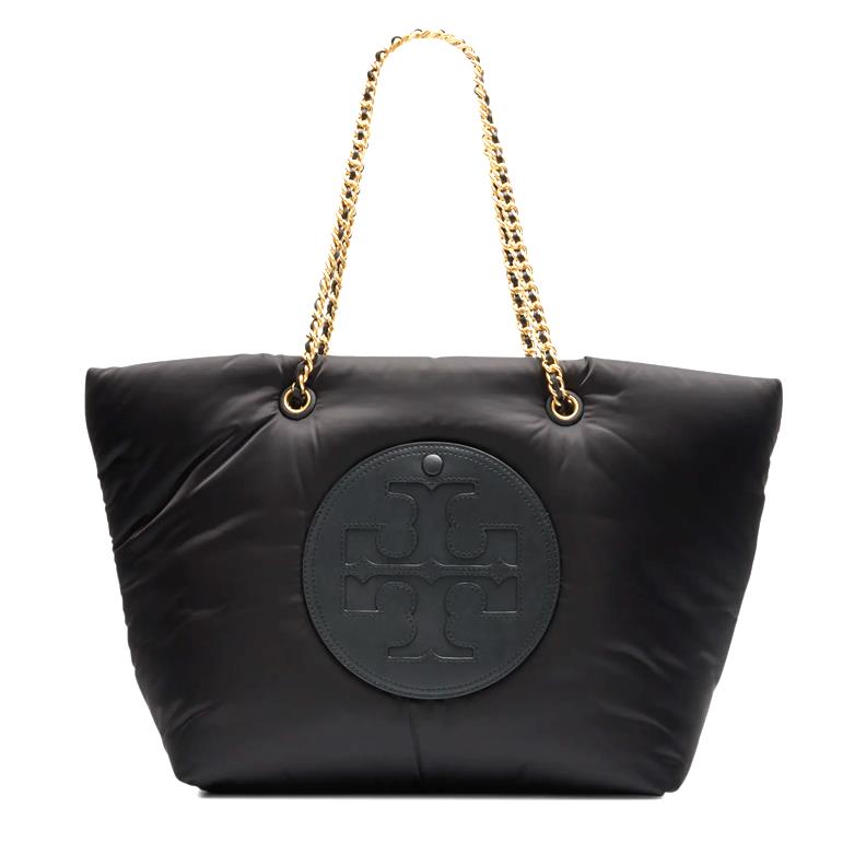 Tory Burch Ella Logo Chain Puffy Soft Nylon Tote Shopper in Black