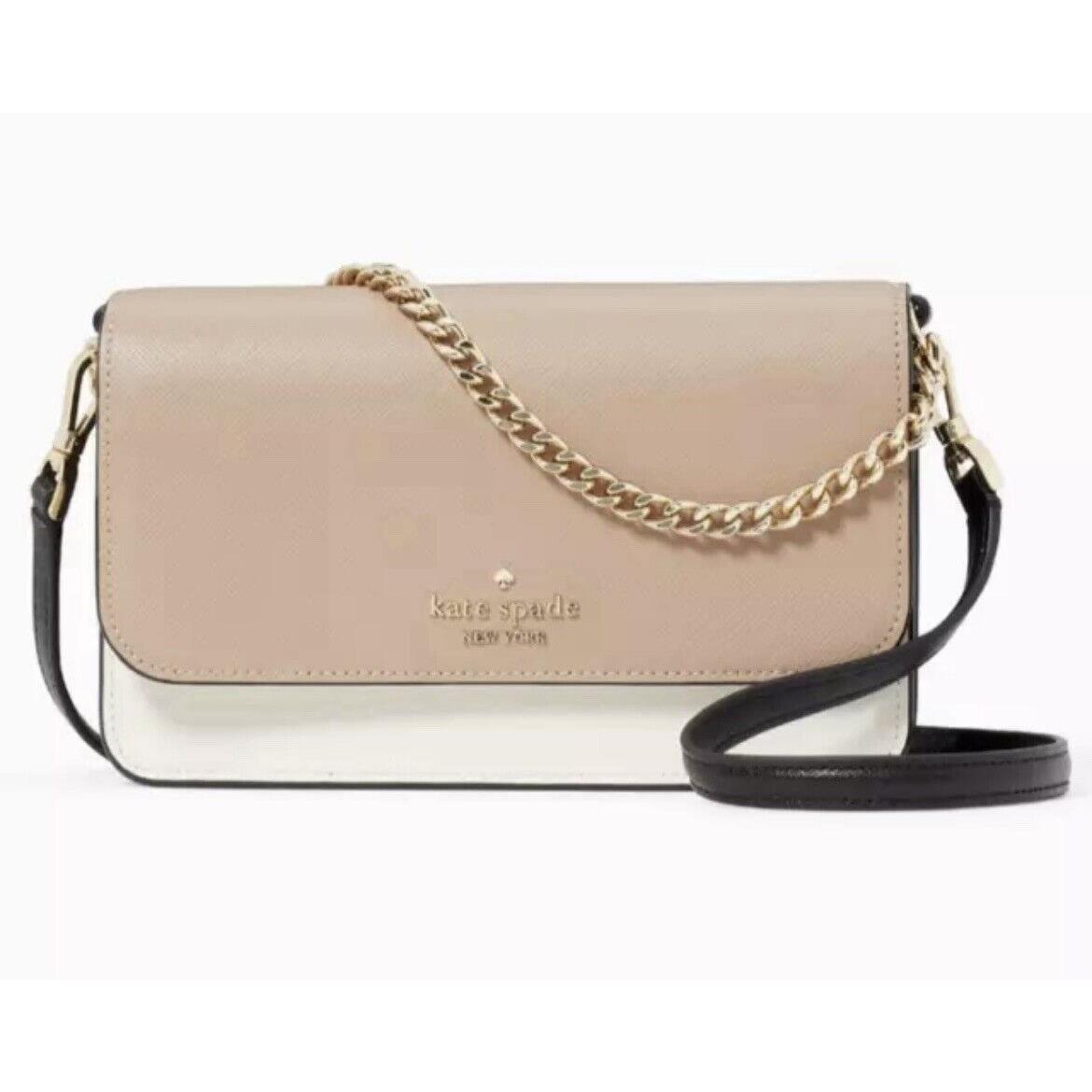 Kate Spade Madison Flap Crossbody Bag Beige White Black Leather Chain KC517