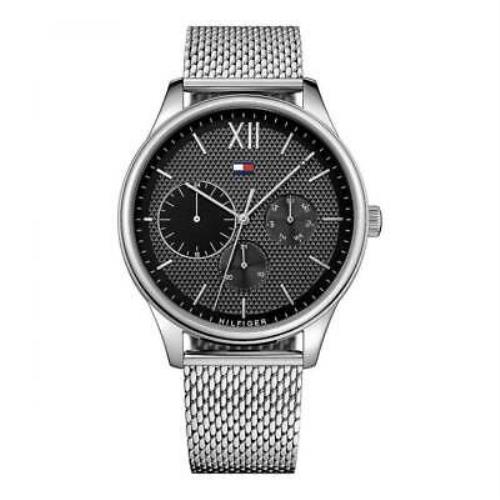 Tommy Hilfiger 1791415 Men`s Silver Mesh Bracelet Black Dial Watch 42mm