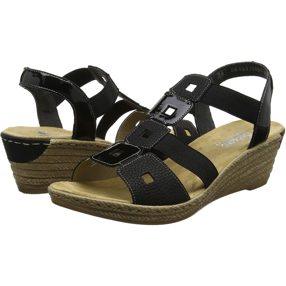 Rieker Women`s Black Wedge Sandal 62488-00 Size EU 41 / US 9.5