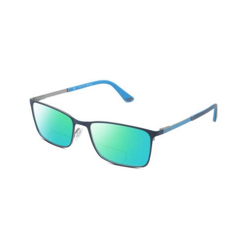 Police VPLA46 Unisex Polarized Bifocal Sunglasses in Navy Blue Cyan Silver 56 mm Green Mirror