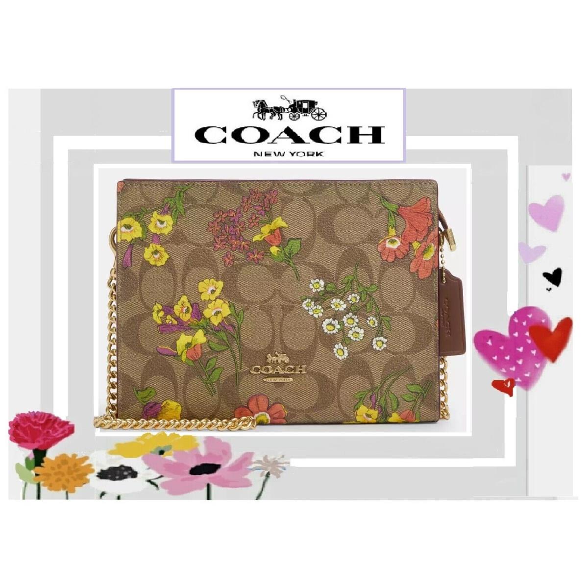 Coach Slim Crossbody Signature Canvas Floral Print CR240 In Khaki Multi Gold