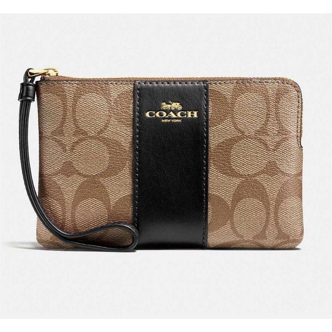 Coach Corner Zip Wristlet In Signature Canvas Khaki/ Black