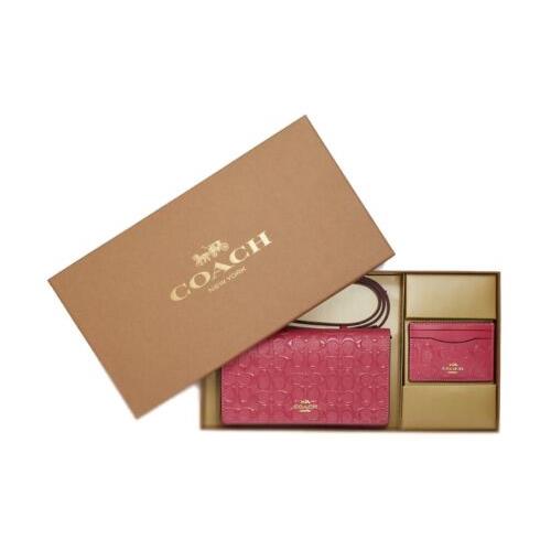 Coach Women`s Boxed Anna Foldover Clutch Crossbody Card Case Set Leather Pink