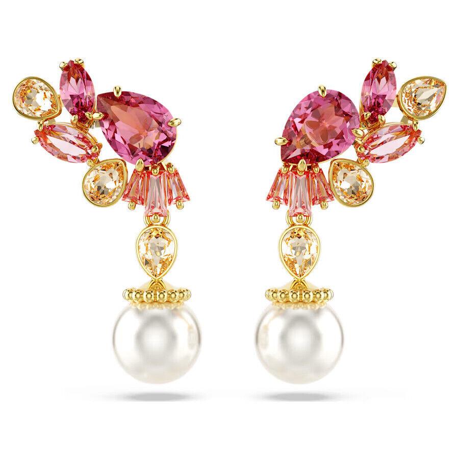 Swarovski Gema Drop Earrings Crystal Pearls Flower Pink Gold-tone 5688486