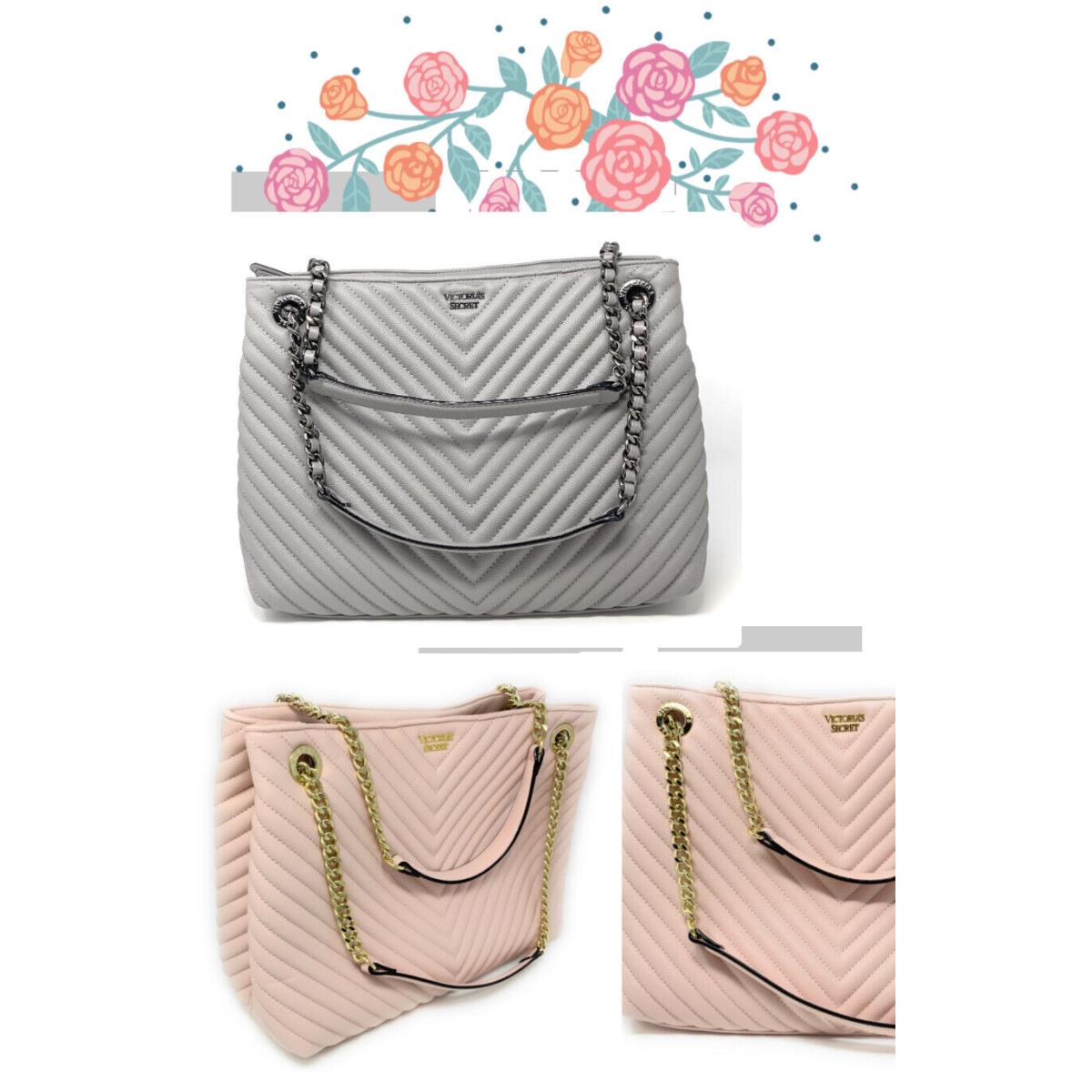 Victoria`s Secret V Quilted Shoulder Tote Handbag Purse Gray or Pink