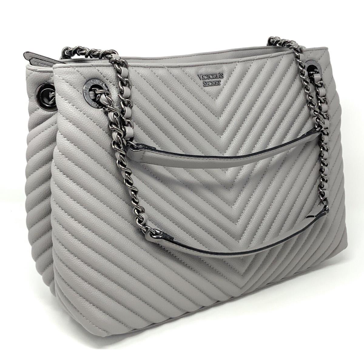 Victoria`s Secret V Quilted Shoulder Tote Handbag Purse Gray or Pink Gray